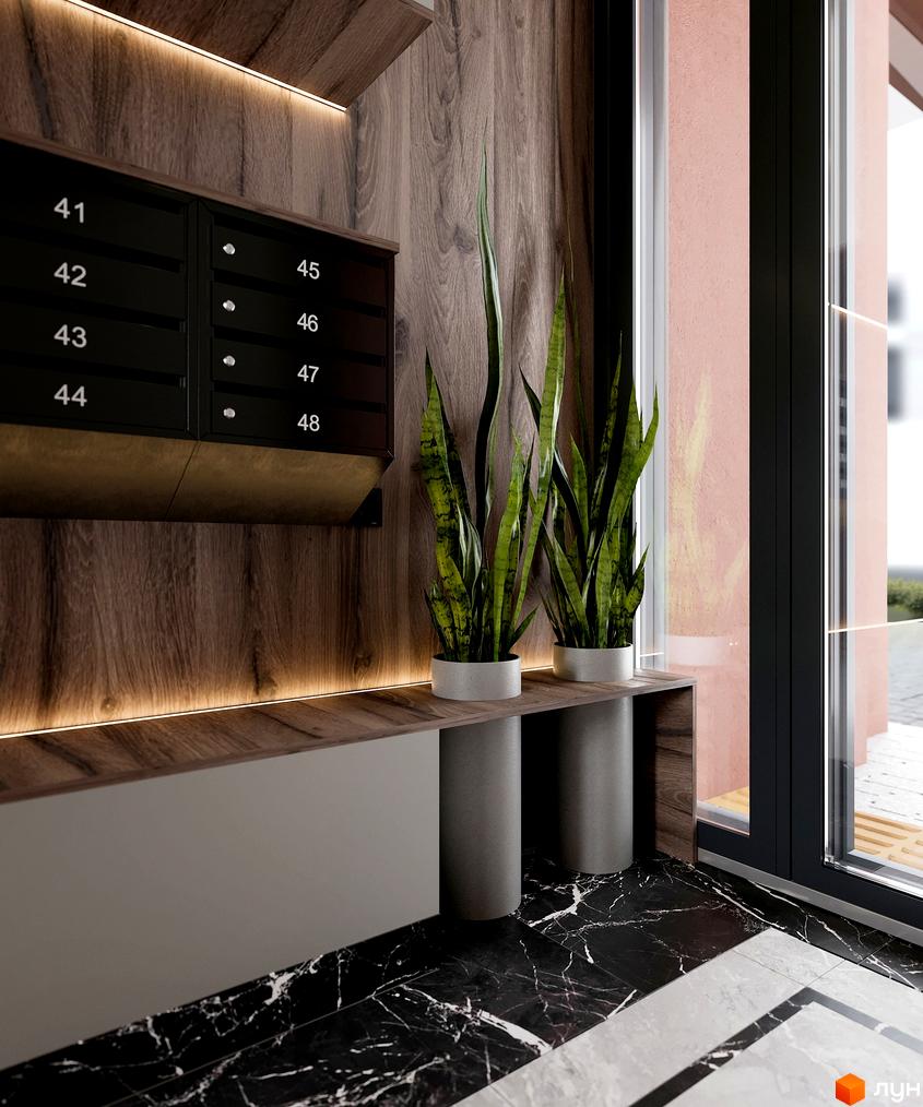 Вхідна група житлового комплексу SOLOWAY з поштовими скриньками та рослинами. Сучасний дизайн інтер'єру з дерев'яними панелями та мармуровою підлогою.