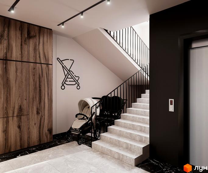 Інтер'єр холу Житлового комплексу SOLOWAY з колясками біля сходів та ліфта.