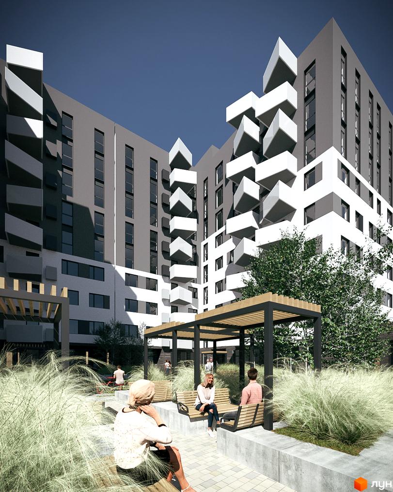Зображення Житлового комплексу Royal Place з виглядом на будівлю та внутрішній двір з місцями для відпочинку мешканців.
