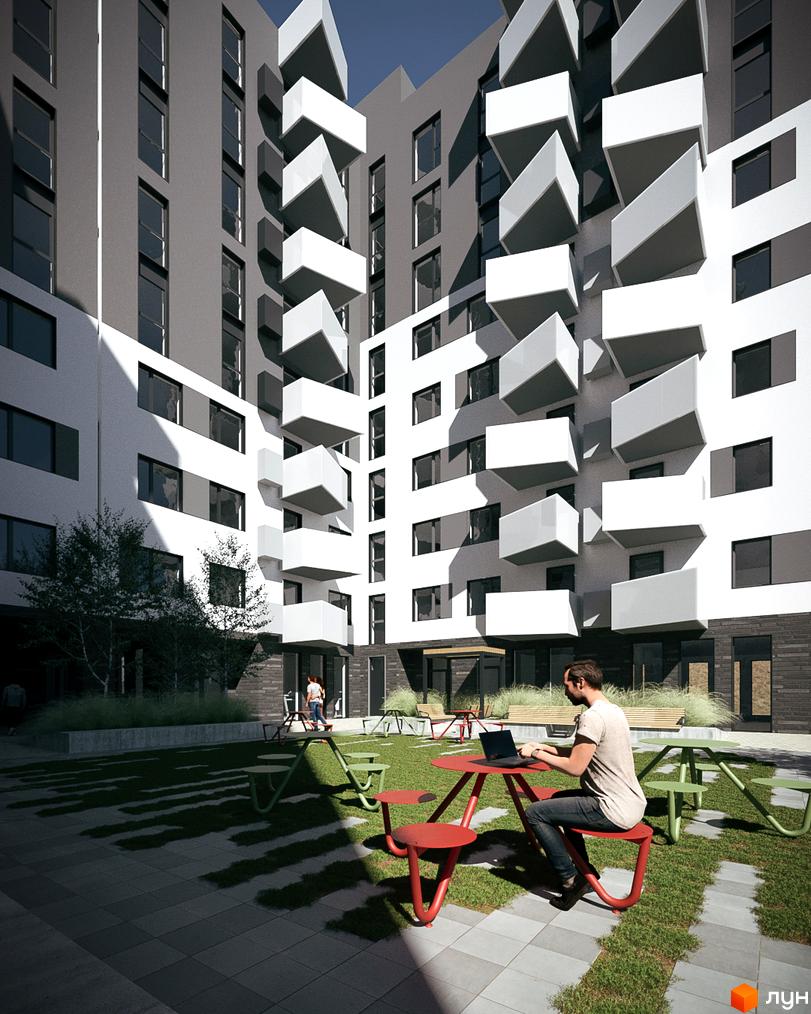 Зовнішній вигляд Житлового комплексу Royal Place з балконами. На території є зелена зона з місцями для відпочинку.