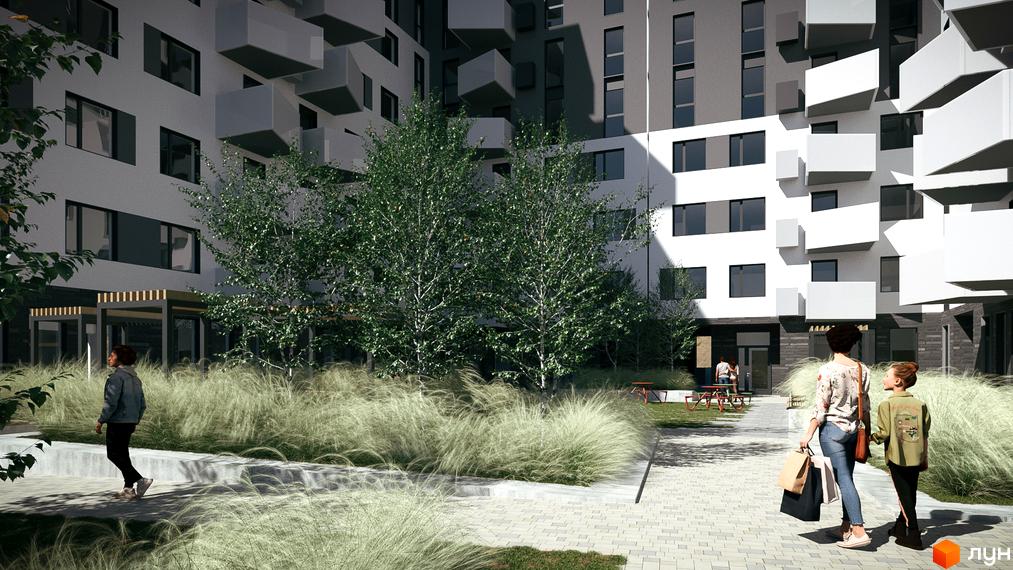 Зображення фасаду та прибудинкової території Житлового комплексу Royal Place. Вигляд на внутрішній двір з ландшафтним дизайном.