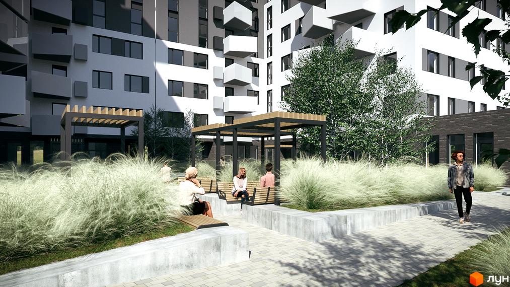 Зображення фасаду та прибудинкової території Житлового комплексу Royal Place. На території є лаунж зона з місцями для відпочинку.