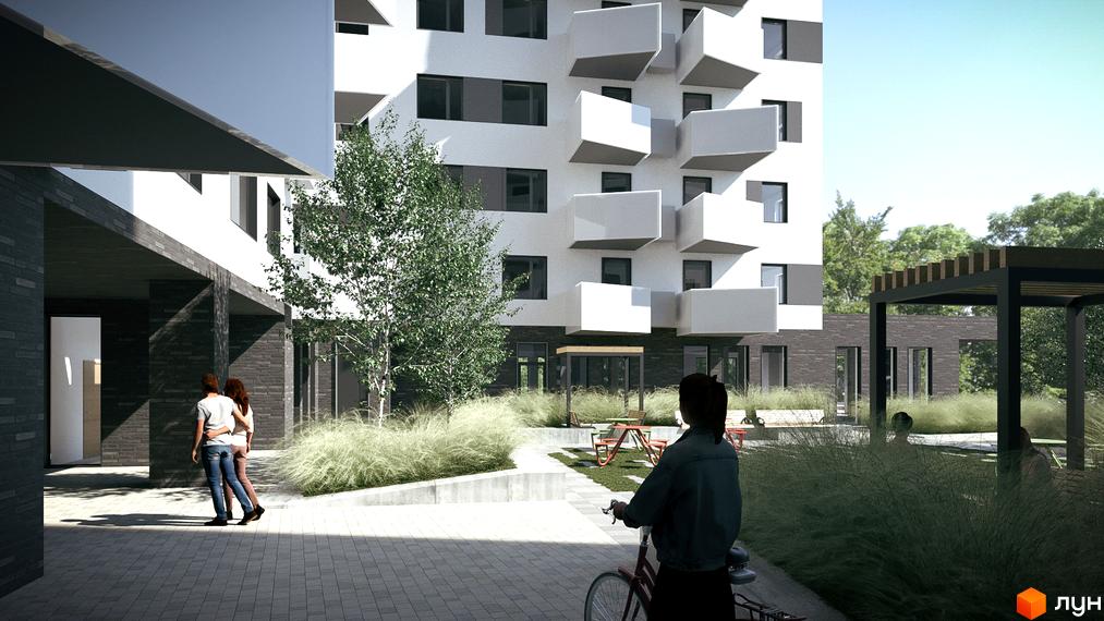 Зображення будинку з балконами та прибудинкової території Житлового комплексу Royal Place. У дворі дерева, трава та місця для відпочинку.