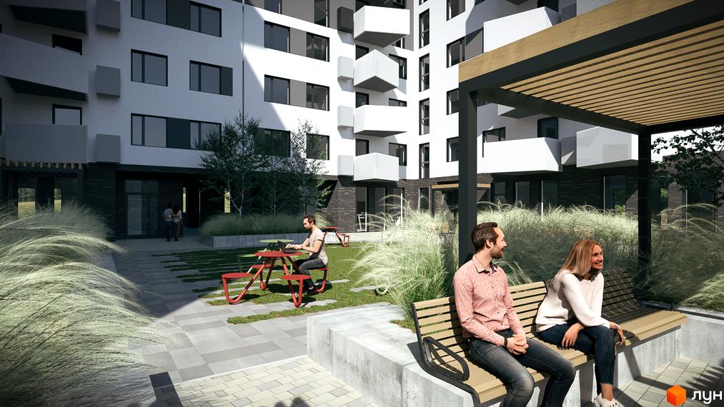 Зображення прибудинкової території Житлового комплексу Royal Place. На фото люди відпочивають у дворі новобудови.