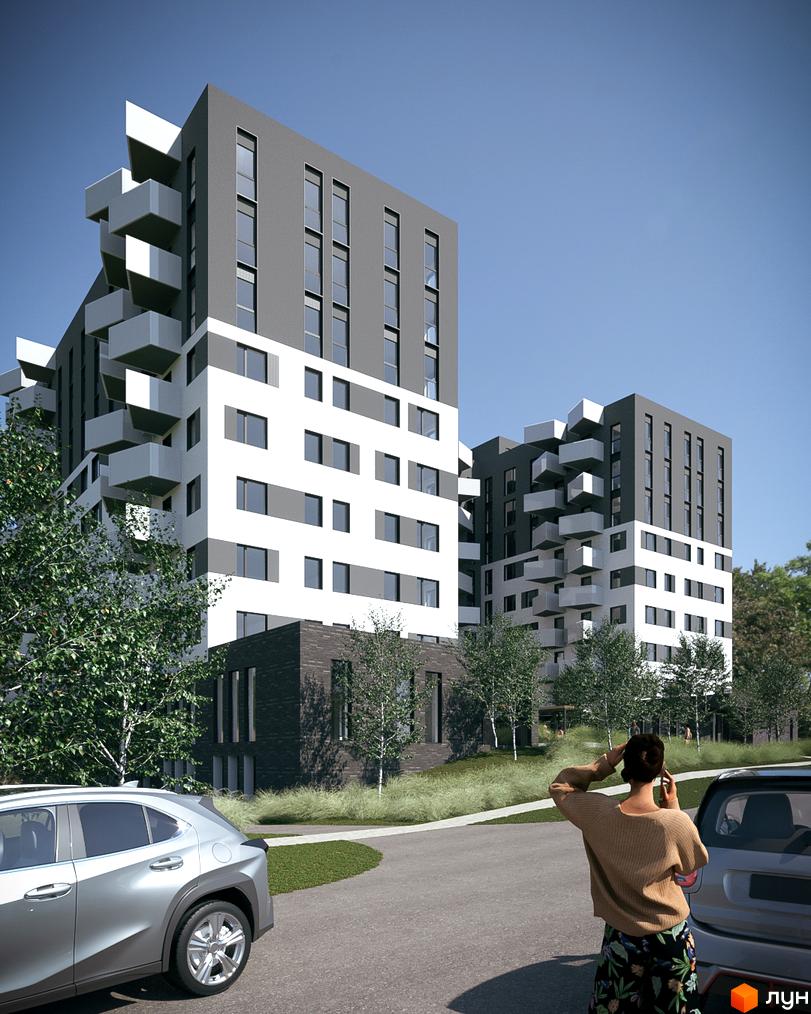 Зображення фасаду та прибудинкової території Житлового комплексу Royal Place. Вигляд новобудови та озеленення навколо.