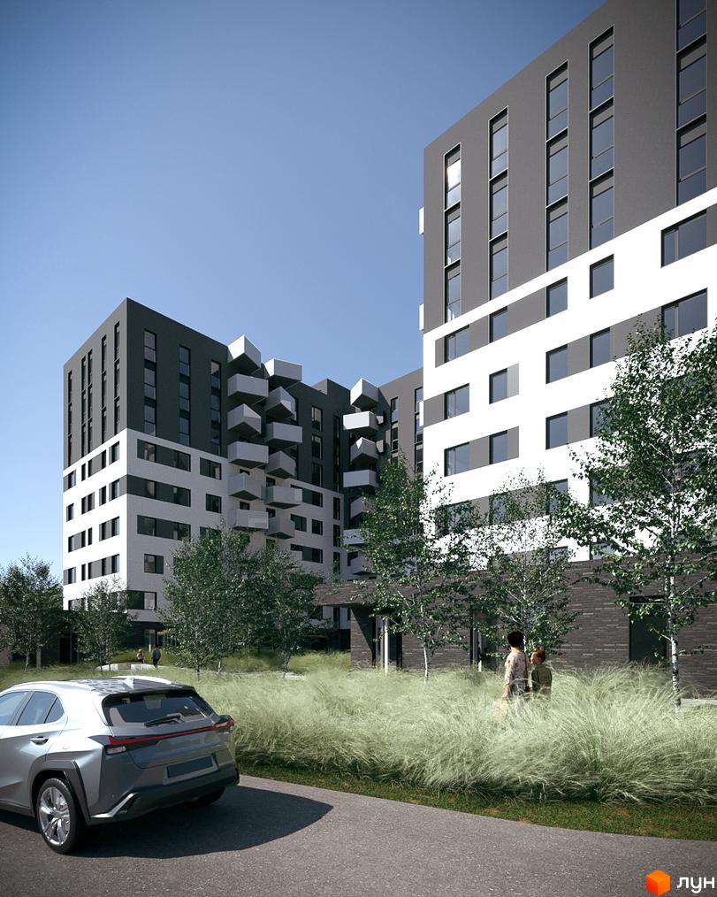 Зображення Житлового комплексу Royal Place з фасадом у сірих та білих тонах. На передньому плані зелена трава та автомобіль.