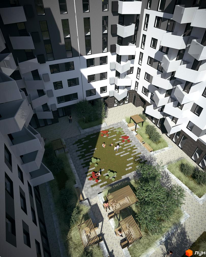 Вигляд зверху на Житловий комплекс Royal Place з внутрішнім двором. На території розташовані зелені зони та місця для відпочинку мешканців.