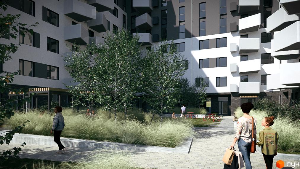 Зображення фасаду та подвір'я Новобудови Royal Place. На території ростуть дерева та декоративні трави.