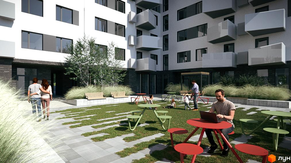 Вигляд на Житловий комплекс Royal Place з облаштованим подвір'ям, де є місця для відпочинку та роботи на свіжому повітрі.