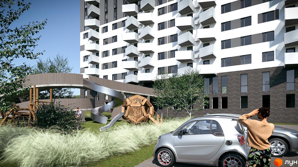 Житловий комплекс Royal Place з біло-сірим фасадом та балконами, дитячим майданчиком та автомобілями на прибудинковій території.