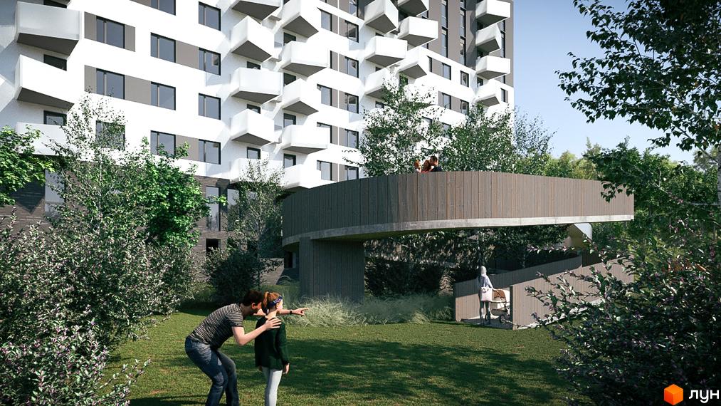 Житловий комплекс Royal Place з оригінальною архітектурою та зеленим подвір'ям. На зображенні видно людей, що відпочивають на терасі та гуляють біля будинку.