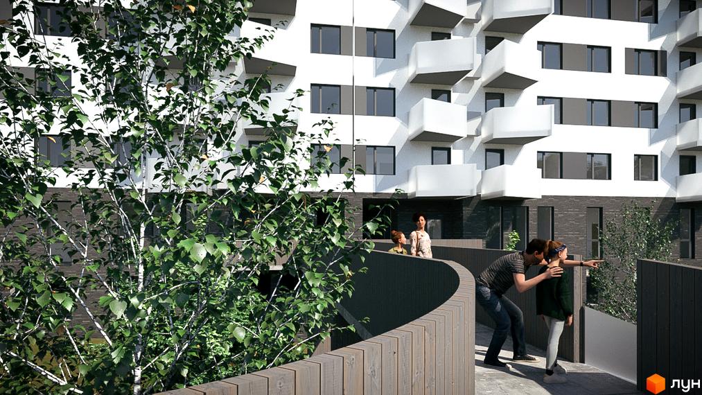 Житловий комплекс Royal Place з білими фасадами та балконами, оточений зеленню та дерев'яною огорожею.