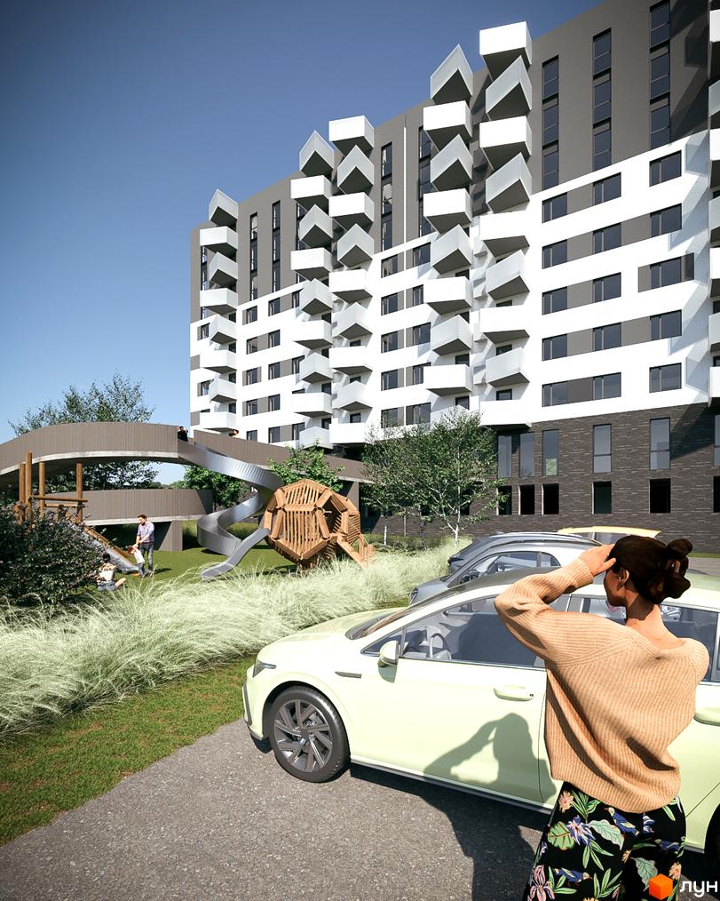 Житловий комплекс Royal Place з оригінальними балконами та дитячим майданчиком з гіркою та пісочницею.