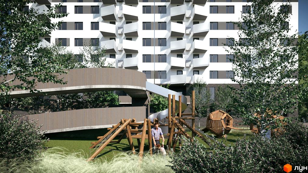 Комплекс Royal Place з білою фасадною частиною та балконами незвичайної форми, поруч дитячий майданчик з дерев'яними конструкціями та гіркою.