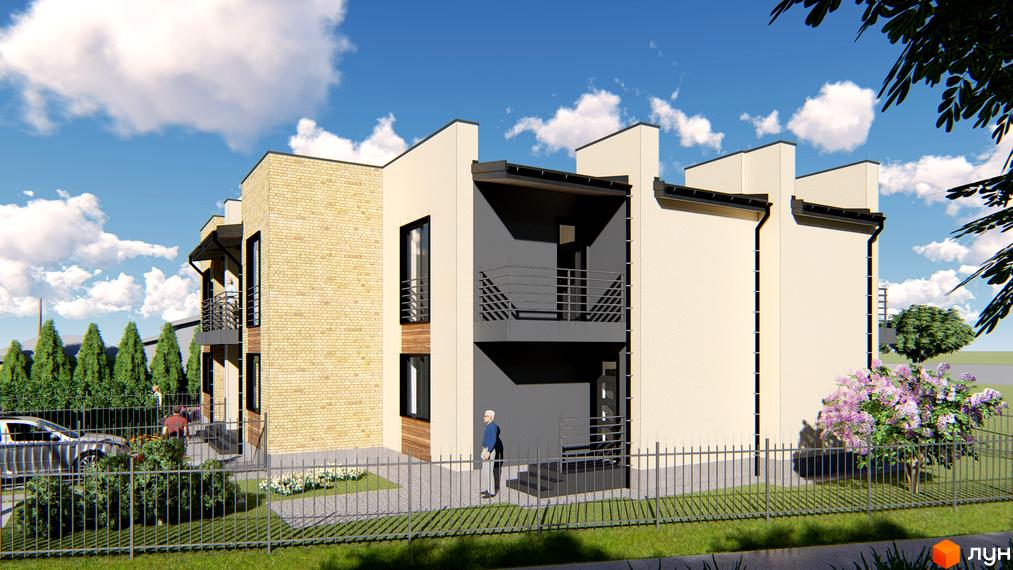 Зовнішній вигляд таунхаусів MY HOUSE з цегляним фасадом та балконами. Прибудинкова територія з парканом, деревами та квітами.
