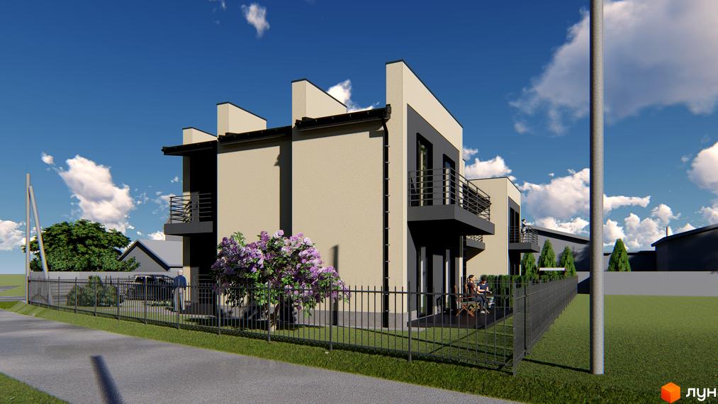 Таунхауси MY HOUSE з сірим фасадом та балконами, огороджена територія з зеленим газоном та деревами.