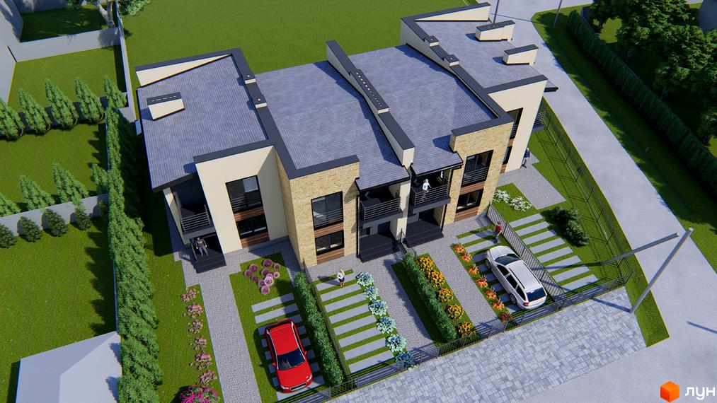 Зовнішній вигляд таунхаусів MY HOUSE з цегляним фасадом, балконами та прибудинковою територією з автомобілями та зеленими насадженнями.