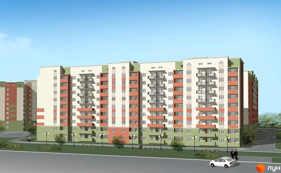 Житловий комплекс Роганський з фасадом у світлих тонах та балконами. Прибудинкова територія з зеленими насадженнями та пішохідними доріжками.