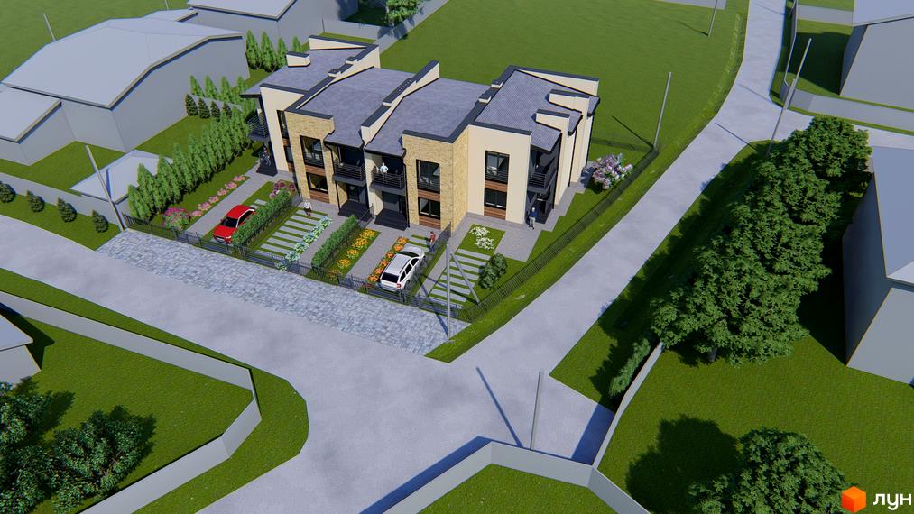 Таунхауси MY HOUSE - триповерхові будинки з балконами та парковками, оточені зеленими насадженнями та квітами.