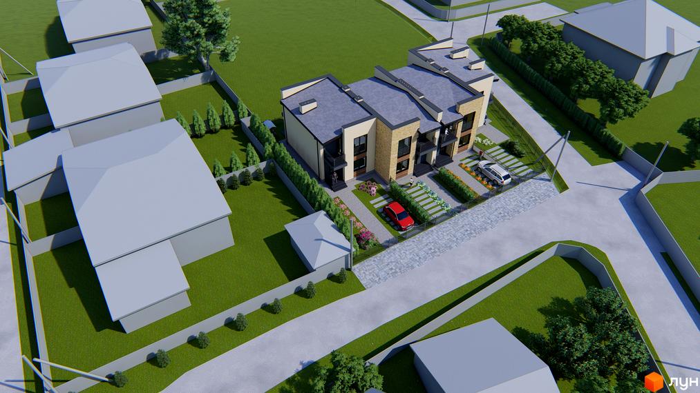 Зовнішній вигляд таунхаусів MY HOUSE з цегляним фасадом та прибудинковою територією з паркуванням та зеленими насадженнями. Комплекс розташований на фоні зеленого ландшафту.