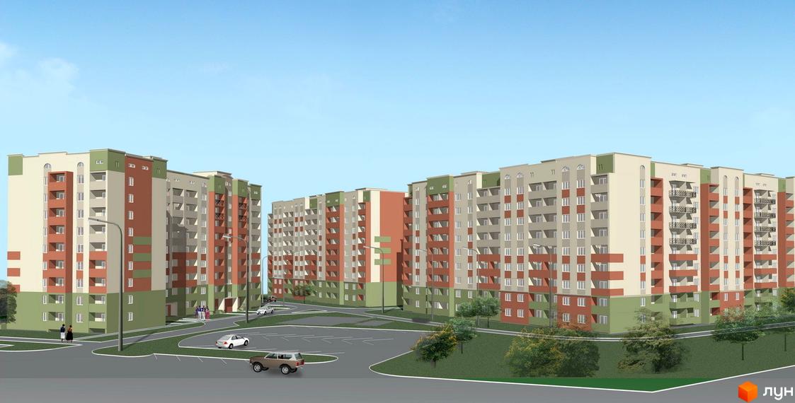 Зовнішній вигляд житлового комплексу Роганський з багатоповерховими будинками та прибудинковою територією.