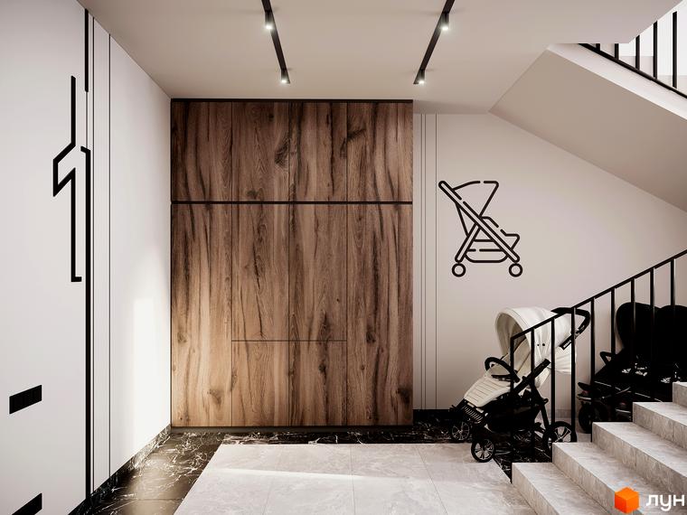 Дизайн холу новобудови ЖК SOLOWAY з дерев'яними панелями та дитячими візочками біля сходів. Ознайомтеся з плануваннями квартир.