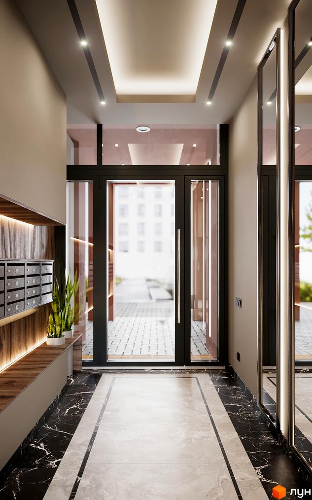 Дизайн вхідної групи житлового комплексу SOLOWAY з поштовими скриньками та дзеркалами. Зовнішній вигляд новобудови та прибудинкової території.