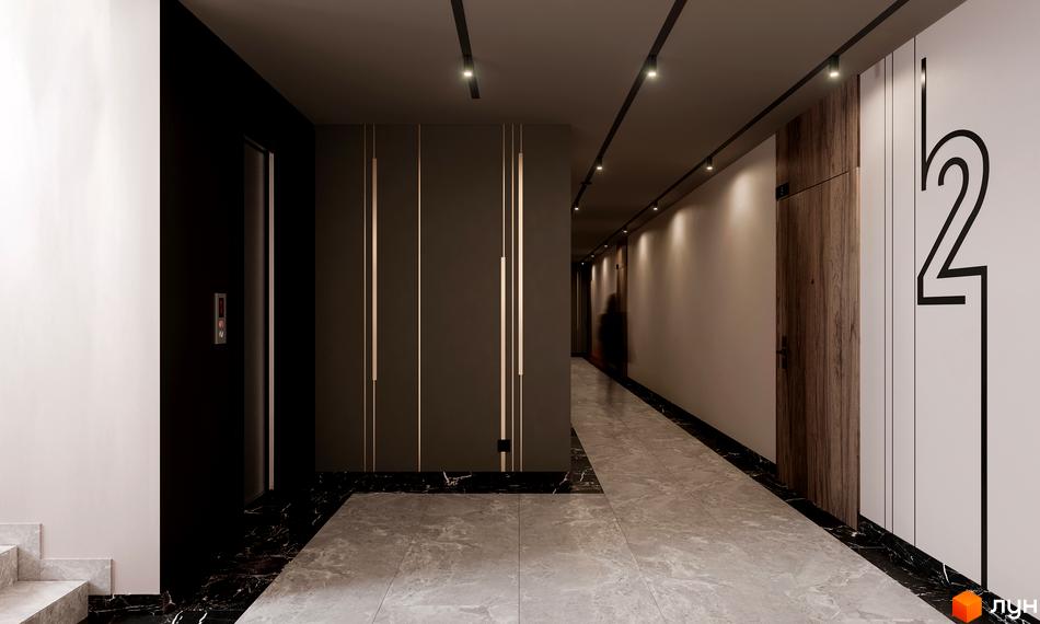 Дизайн холу новобудови ЖК SOLOWAY з дверима та ліфтом. Елегантний коридор з мармуровою підлогою та освітленням.