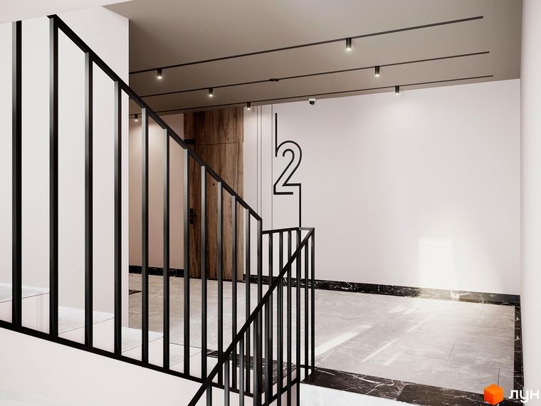 Інтер'єр вхідної групи Житлового комплексу SOLOWAY з чорними сходами та номером квартири на стіні. Мармурова підлога та освітлення на стелі.
