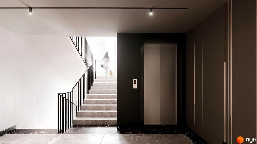 Інтер'єр холу з ліфтом та сходами у Житловому комплексі SOLOWAY. Вигляд оздоблення поверху з чорною підлогою та білими стінами.