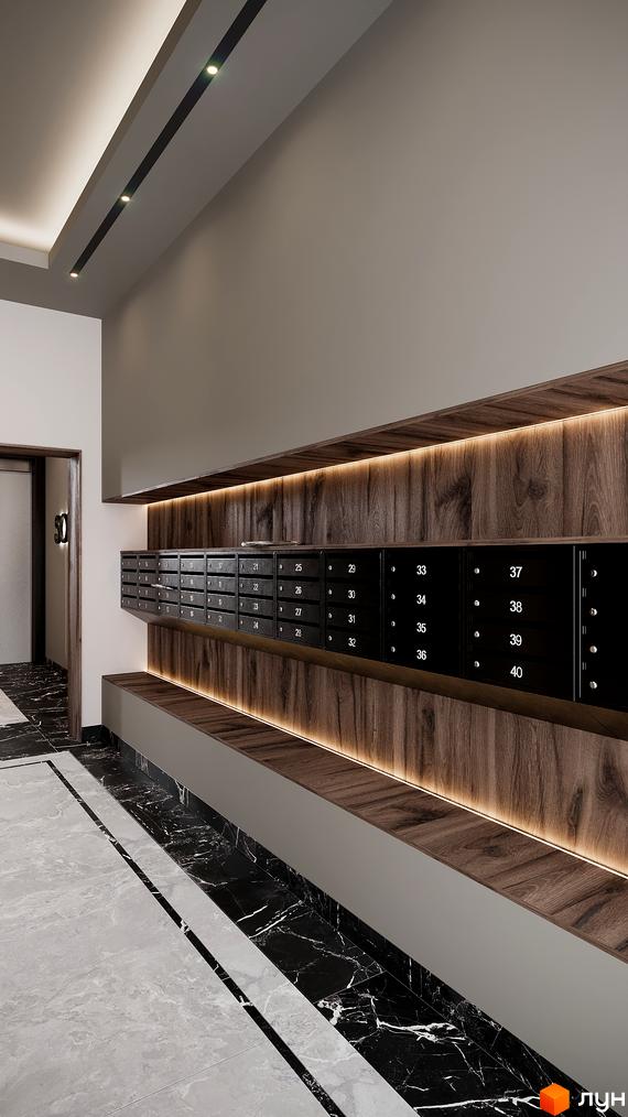 Сучасний дизайн вхідної групи житлового комплексу SOLOWAY з індивідуальними поштовими скриньками та мармуровою підлогою.