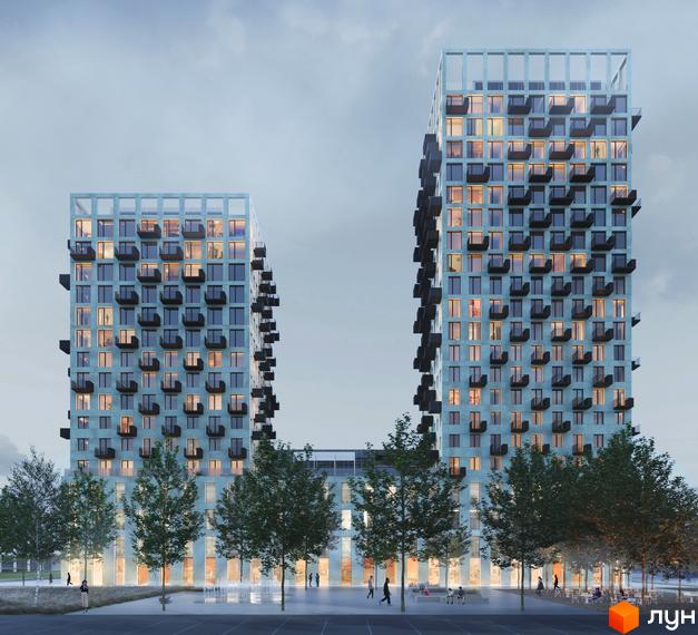 БФК SVITOGLYAD: двоє високих світло-блакитних будинків з численними балконами та вікнами, перед якими розташована зелена зона з деревами та фонтанами.