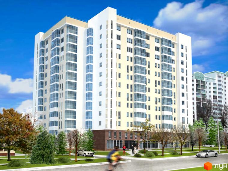 Житловий комплекс на проспекті Петра Григоренка, 18а. Сучасна будівля з великими вікнами та зеленими насадженнями навколо.