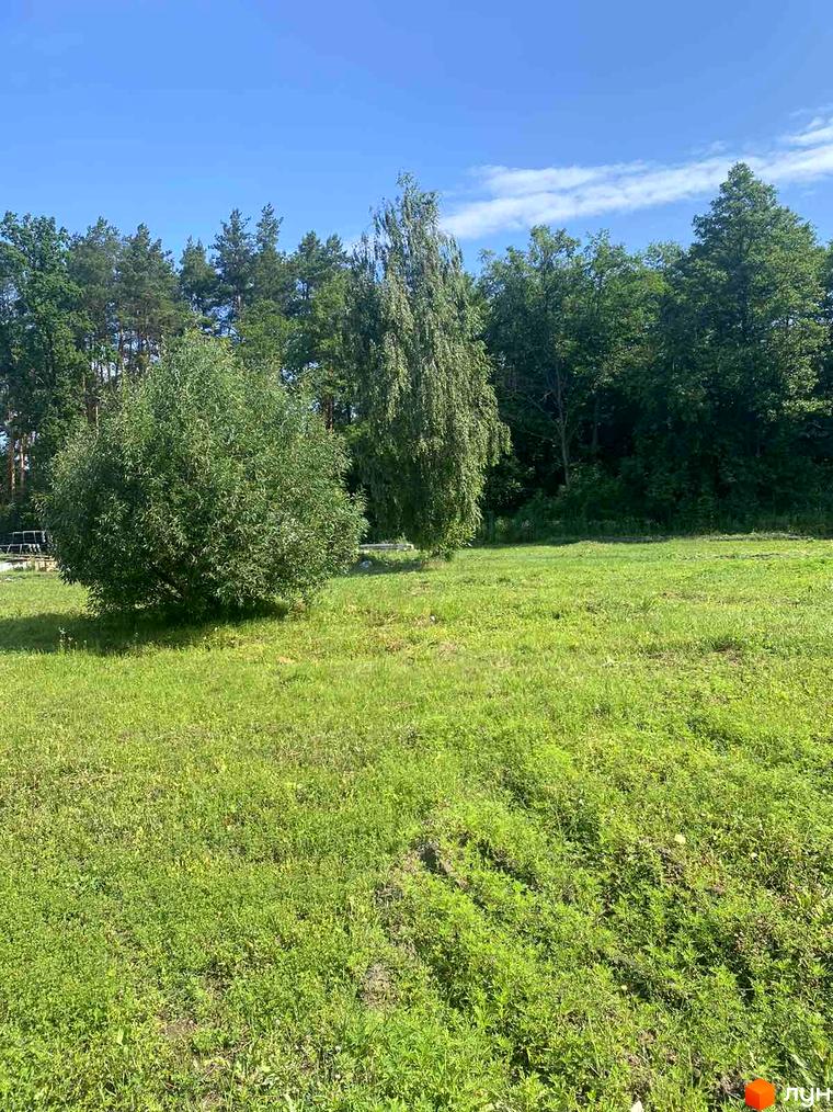 Зелений газон перед Котеджним містечком Нова Конча-Заспа CRYSTAL. Ландшафтний дизайн з деревами та кущами на території.