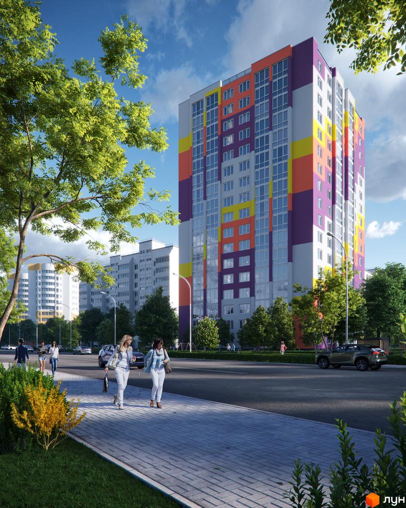 Житловий комплекс Парковий на Дніпрі - багатоповерховий будинок з яскравим фасадом та доглянутою прибудинковою територією з деревами та пішохідною зоною.