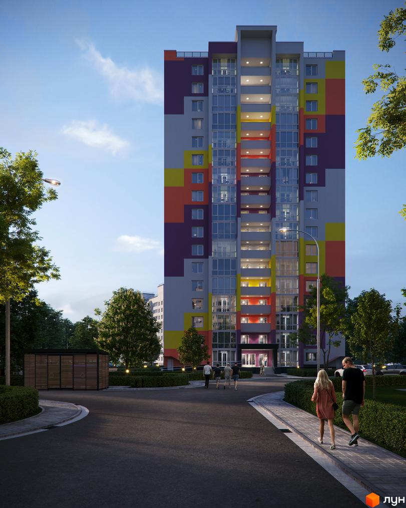 Яскрава новобудова ЖК Парковий на Дніпрі з балконами та великими вікнами, поруч доглянута прибудинкова територія з деревами та доріжками.