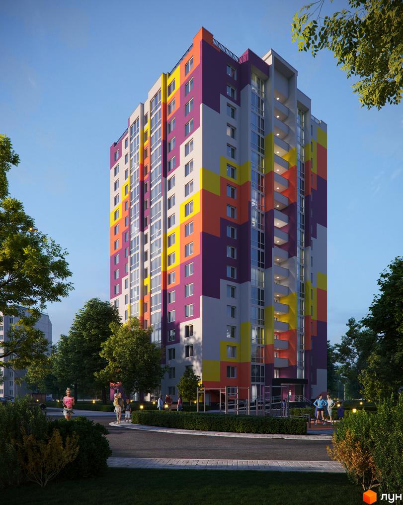 Яскрава новобудова ЖК Парковий на Дніпрі з сірими, жовтими, помаранчевими та фіолетовими вставками. Навколо будинку зелена зона з деревами та місцем для відпочинку.