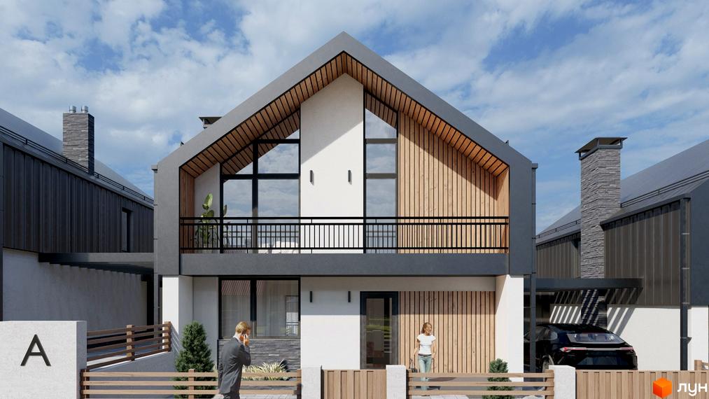 Котеджне містечко Zlagoda-Side: фасади будинків з дерев'яними елементами та великими вікнами, прибудинкова територія з паркуванням та огорожею.