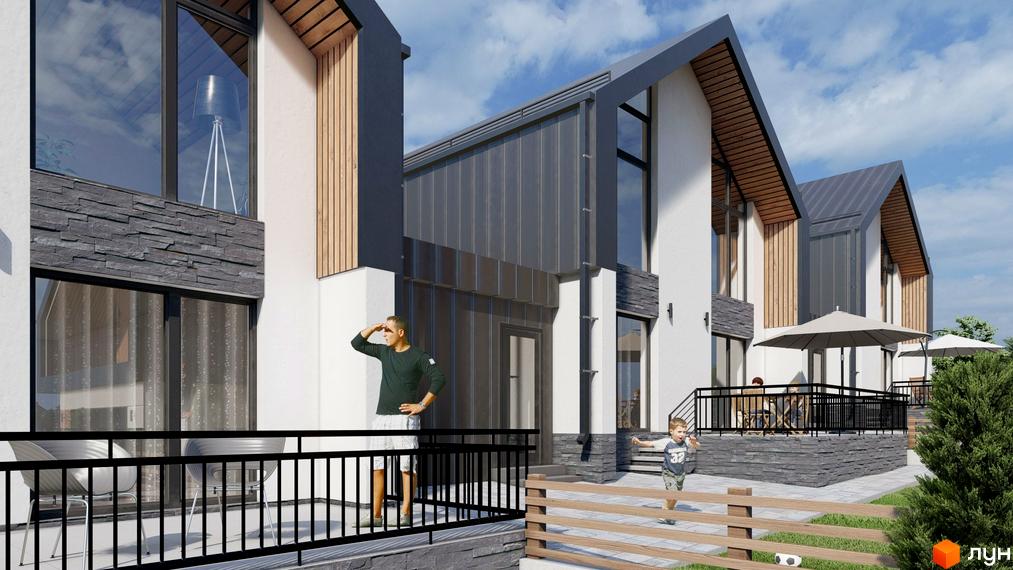 Котеджне містечко KМ Zlagoda-Side з фасадами з каменю та дерева, великими вікнами та прибудинковою територією з парасолями та зеленими насадженнями.