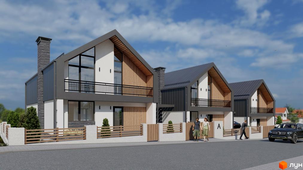 Зовнішній вигляд котеджного містечка КМ Zlagoda-Side з сучасними фасадами та дерев'яними елементами, огородженою територією та доглянутим ландшафтом.