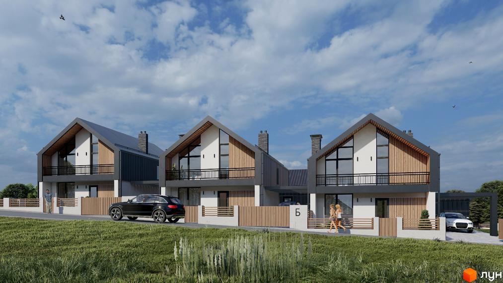 Котеджне містечко KM Zlagoda-Side: три сучасні двоповерхові будинки з великими вікнами та балконами, розташовані на доглянутій ділянці з газоном та парканом.