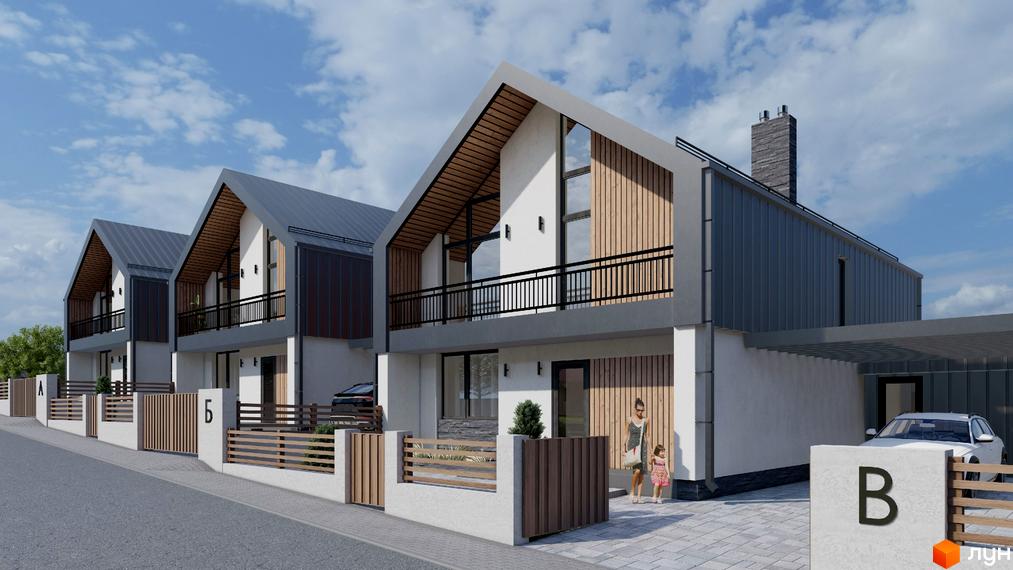 Котеджне містечко Zlagoda-Side: фасади будинків з дерев'яними елементами та сірим дахом, огороджена територія.