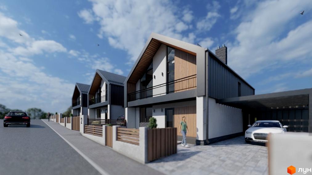 Котеджне містечко Zlagoda-Side: фасади будинків з дерев'яними елементами та навісами для автомобілів. Прибудинкова територія з парканом та дорогою.