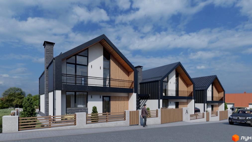 Котеджне містечко Zlagoda-Side: три двоповерхові будинки з темними дахами та білими стінами, огороджена територія з парканом та зеленими насадженнями.