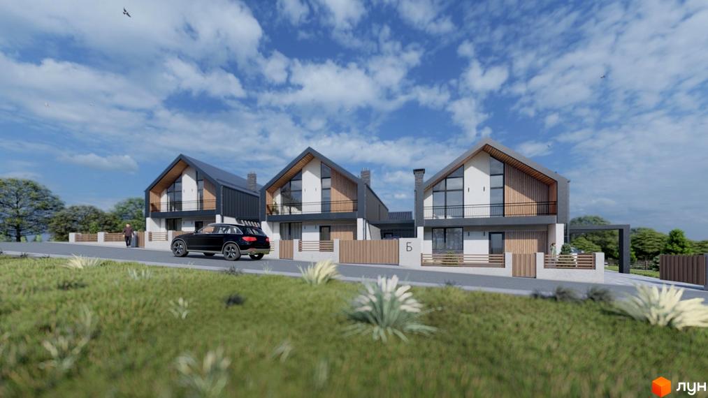 Котеджне містечко Zlagoda-Side: три сучасні двоповерхові будинки з великими вікнами та балконами, розташовані на пагорбі з доглянутою прибудинковою територією та дорогою.