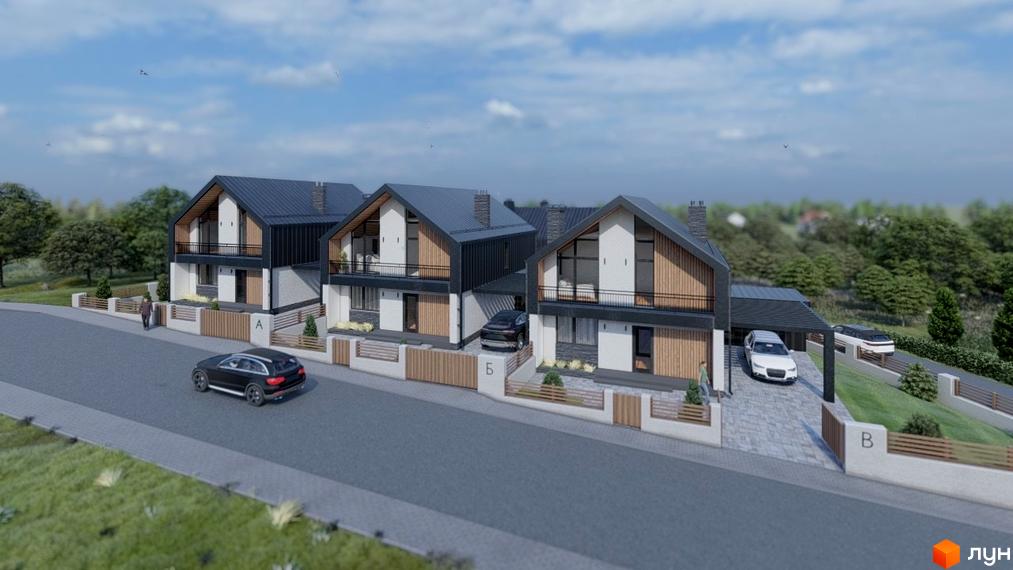 Котеджне містечко Zlagoda-Side: триповерхові будинки з темними дахами та дерев'яними елементами фасаду, огороджена територія з автомобілями на подвір'ї.