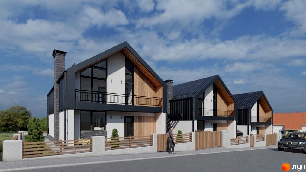 Котеджне містечко Zlagoda-Side: три двоповерхові будинки з темним дахом та дерев'яними елементами фасаду, огороджені парканом.