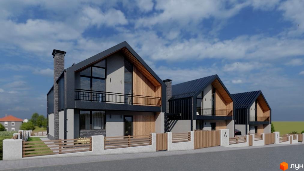 Котеджне містечко Zlagoda-Side: фасади будинків з темним дахом, великими вікнами та дерев'яними елементами, огороджена територія з парканом.