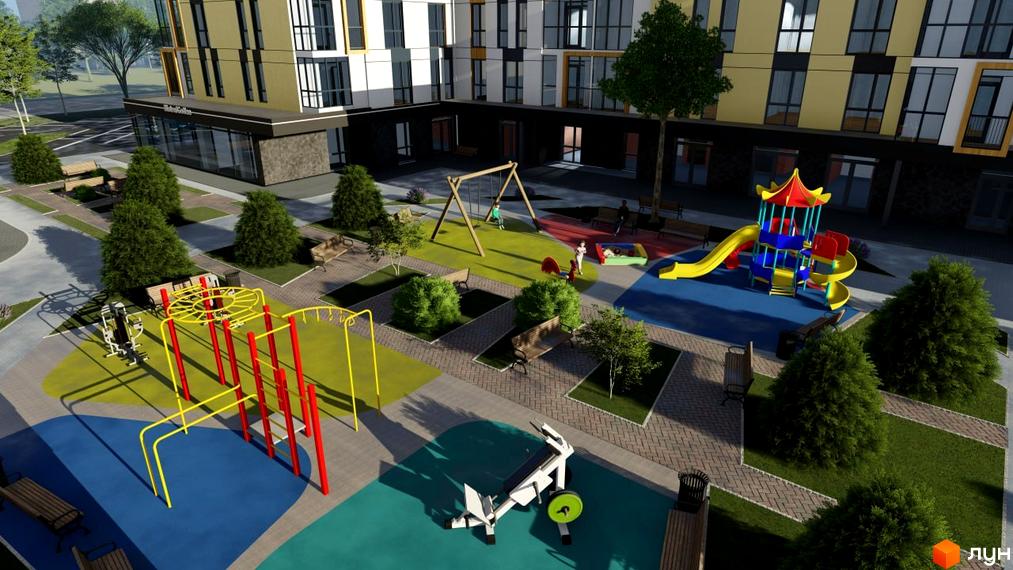 Багатоповерховий будинок ЖК U HOME з комбінованим фасадом. Прибудинкова територія має дитячі та спортивні майданчики, зелені зони.