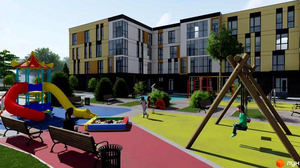 Зображення фасаду та дитячого майданчика Житлового комплексу U HOME. На території є гойдалки, гірка та пісочниця.